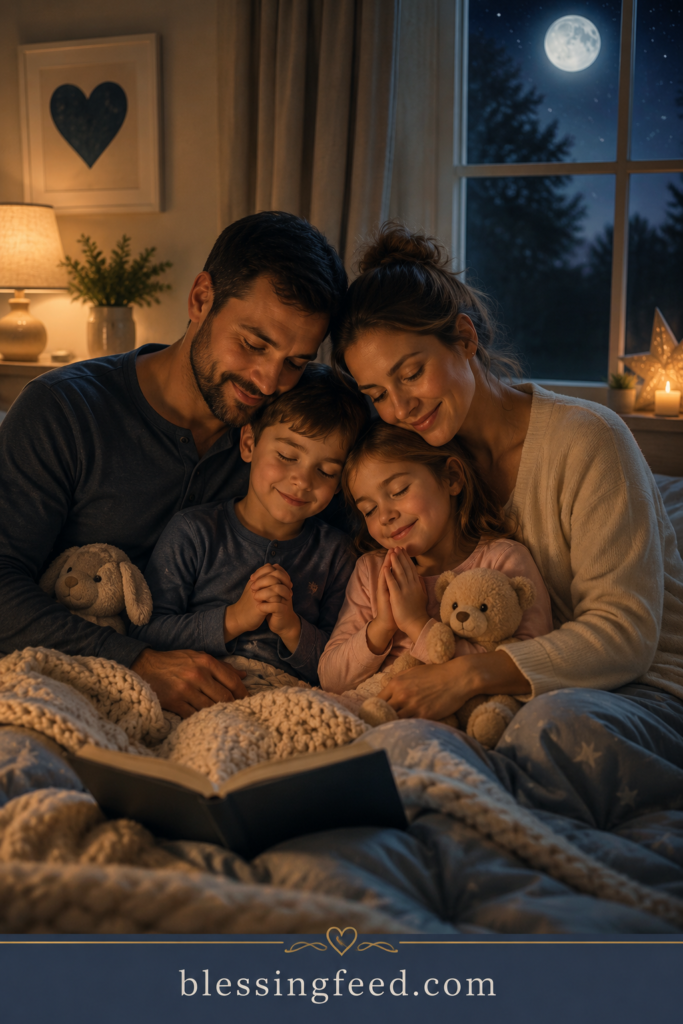 Peaceful family praying together before bed with love and blessings