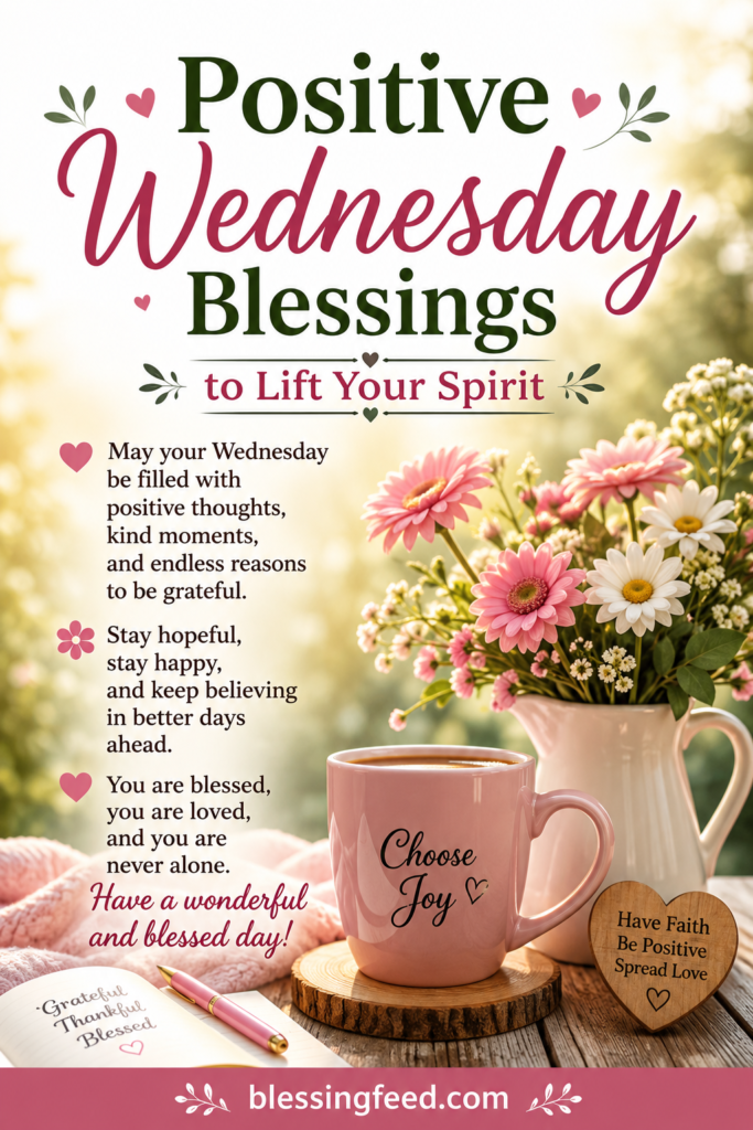 Positive Wednesday blessings with uplifting morning flowers and inspirational message