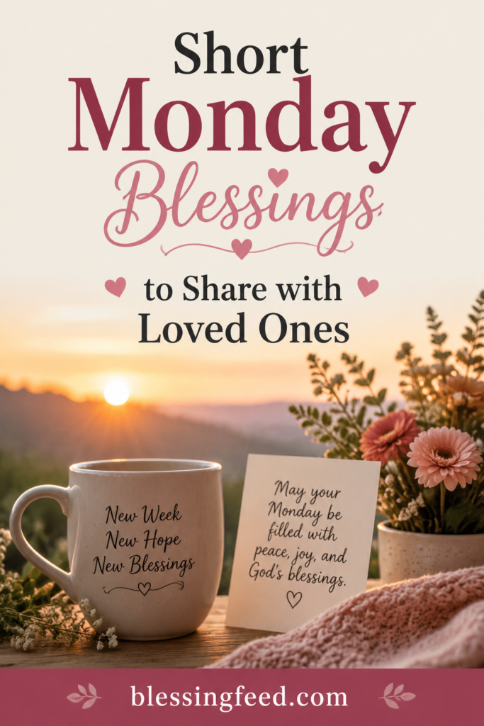 Short Monday blessings image with peaceful morning coffee and heartfelt wishes for loved ones
