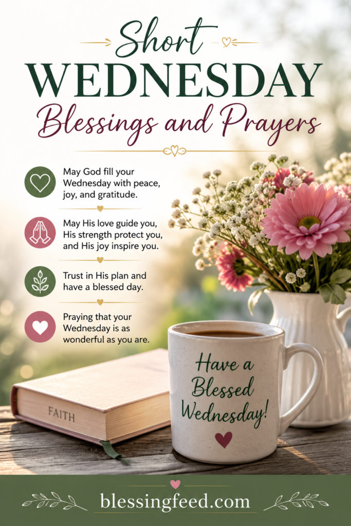 Short Wednesday Blessings and Prayers with beautiful flowers and coffee mug