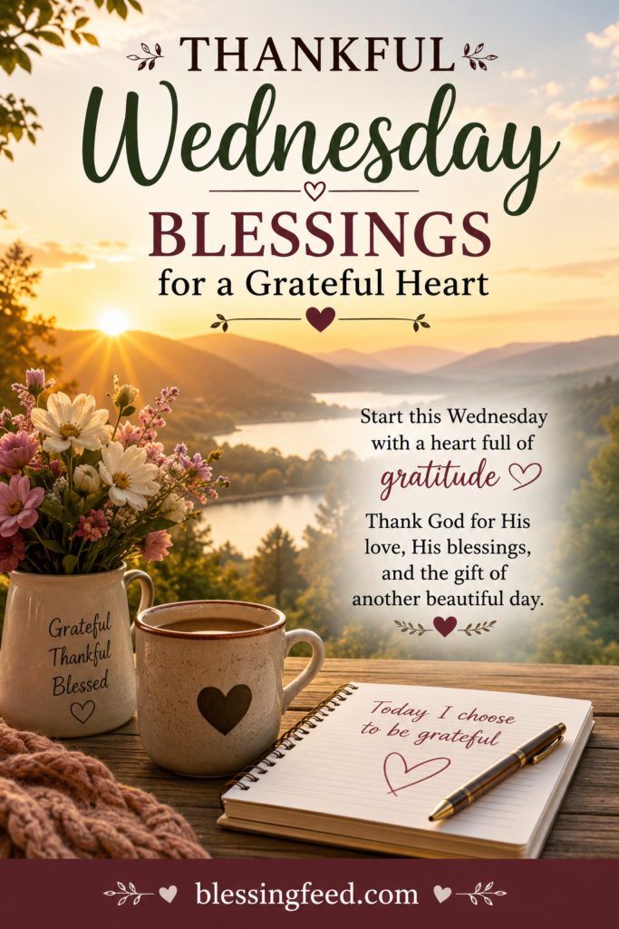 Thankful Wednesday blessings for a grateful heart with peaceful sunrise and gratitude message