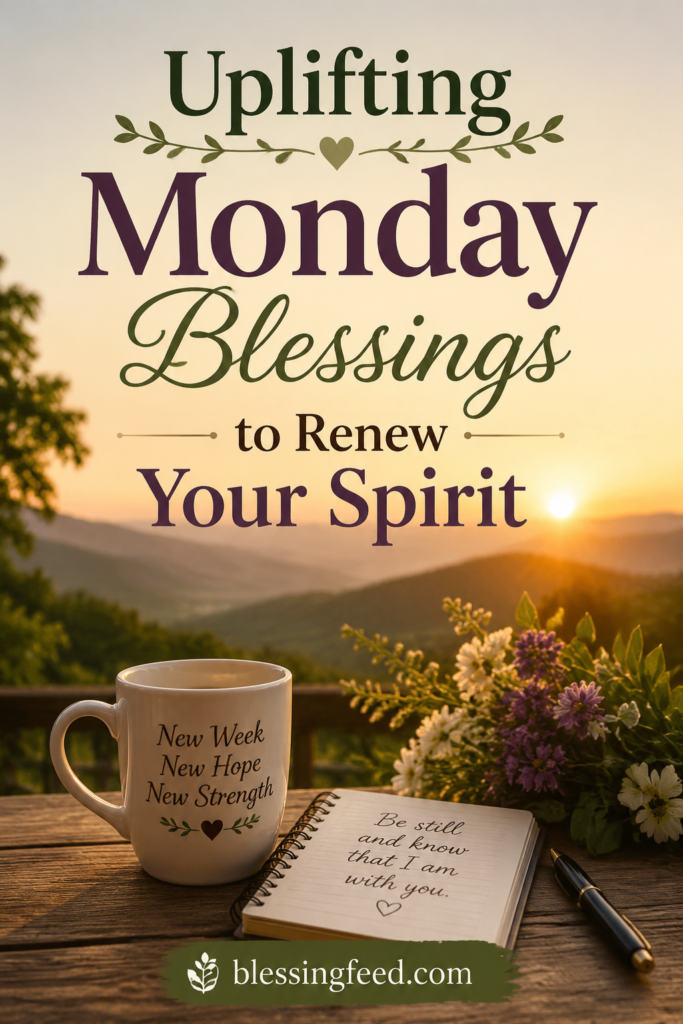 Uplifting Monday blessings image with peaceful sunrise and hope-filled message to renew your spirit.