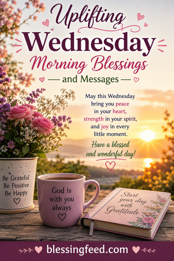 Uplifting Wednesday morning blessings and messages with sunrise, flowers, coffee, and inspirational quote.